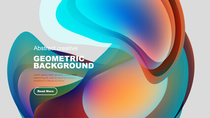 Fluid shapes blend vibrant colors. Modern design features text, button. Abstract composition creates dynamic visual impact.