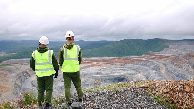 Back view Team Engineers surveyor on background open pit mine gold ore, Mining geodesist work with theodolite.