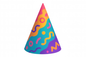 Playful party hat with colorful pattern for celebration, birthday, and festive occasions, isolated with a transparent background