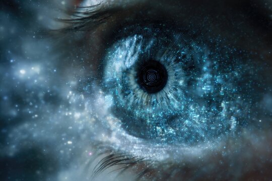 Macro shot of an eye's iris, digitized with a cosmic cloud effect - Powered by Adobe