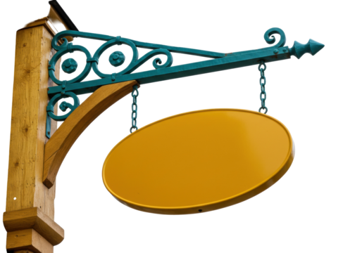 Vintage golden sign isolated PNG on transparent background, blank oval signboard with metal frame and chains for advertising and branding - Powered by Adobe