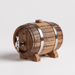 Small wooden barrel with metal tap and silver bands on minimalist white background