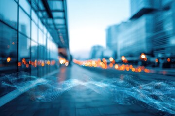 Blurry cityscape scene with a glass building reflecting the sky and a data stream