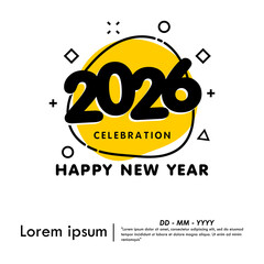 Happy New Year 2026 celebration isolated with liquid organic shapes or irregular round blot form with doodle circle line on white background