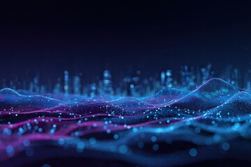 Abstract digital landscape with glowing dots resembling city skyline on a wavy, dynamic terrain