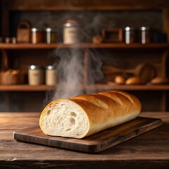 Freshly baked bread steaming on a wooden cutting board in a rustic kitchen