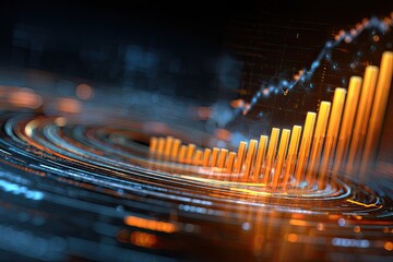 Conceptual visualization of financial growth, with rising bars and spiraling data lines