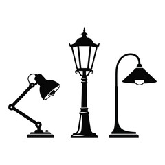 Set of three distinct lighting fixtures featuring a desk lamp a victorian street lamp and a modern outdoor lamp in silhouette silhouette
