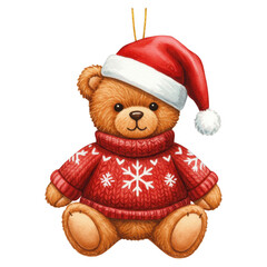 Watercolor illustration of a brown teddy bear wearing a Santa hat and a red snowflake sweater isolate
