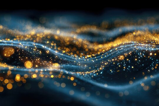 Abstract wavy digital background with blue and gold particles, bokeh effects, and blurred aesthetic - Powered by Adobe