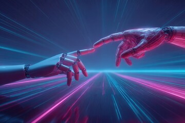 Robotic and human hands nearly touch, a conceptual image of AI and humanity