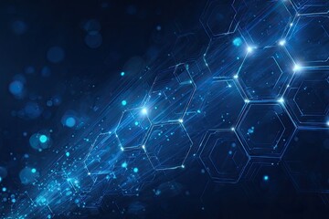 A digital-art representation of a futuristic tech landscape with hexagonal structures and light