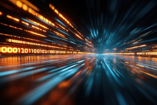 Futuristic abstract with streams of binary code moving at high speed in orange/blue light - Powered by Adobe