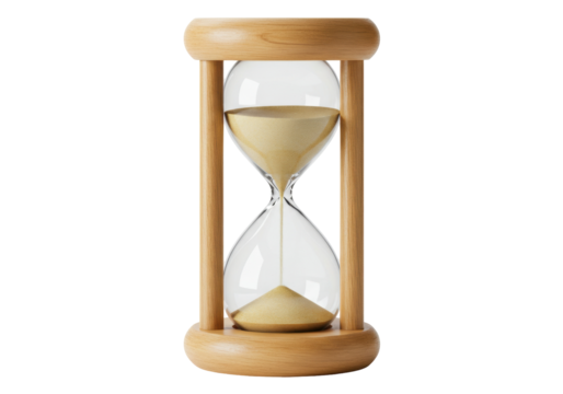 Elegant wooden hourglass with sand flowing, isolated PNG on transparent background, time management concept for design projects