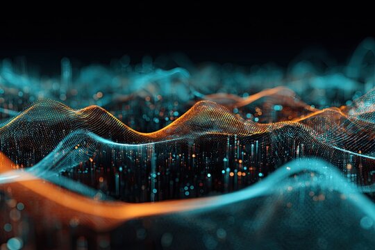 Abstract digital landscape, vibrant waves and particles forming a futuristic, colorful, illuminated terrain