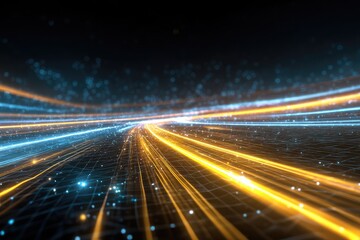 Abstract visualization of glowing lines, particles, and a grid in a deep space environment