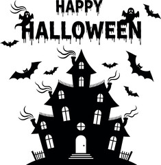 Spooky haunted house silhouette with bats and ghosts for happy halloween celebration vector