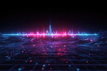 Abstract sound wave pulsing with pink and blue light over a geometric grid landscape