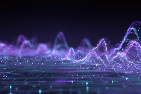 Abstract digital wave-like forms of glowing particles in vibrant purple and blue hues
