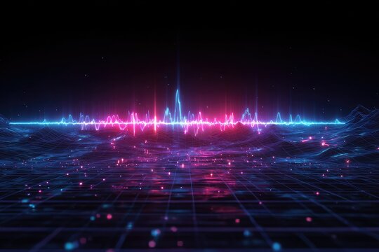 Abstract sound wave pulsing with pink and blue light over a geometric grid landscape