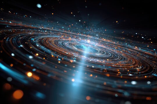 Abstract digital art showcasing swirling vortex of lights, reminiscent of a galaxy or particle flow - Powered by Adobe