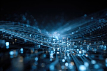 Futuristic abstract illustration of glowing lines and cubes in a blurred, dark environment