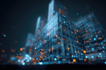 Futuristic digital city with glowing lines and particles, showcasing data visualization