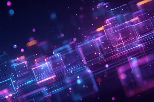 Abstract digital design showcasing glowing cubes and spheres in a dark, vibrant color palette