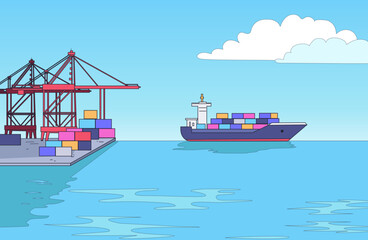 Cargo ship leaves port vector illustration