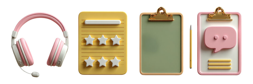 Stylish headphones and clipboard collection on transparent background