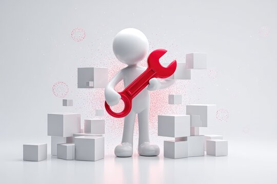 3D rendered white figure holding a red wrench, surrounded by white cubes, and red particles