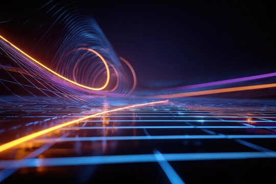 A futuristic, abstract scene with glowing lines of energy against a grid pattern background