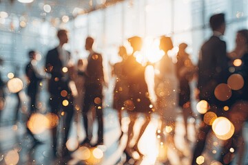 A blurred, sunlit interior scene featuring silhouettes of people networking and socializing