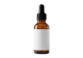Amber glass bottle with dropper isolated PNG, essential oil container for aromatherapy and skincare products on transparent background