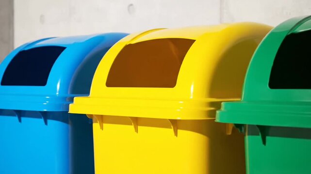 Three Recycle Bins in Blue Yellow and Green Colors Stand Side by Side Against a Textured Concrete Wall Under Bright Sunlight