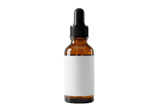 Amber glass bottle with dropper isolated PNG, essential oil container for aromatherapy and skincare products on transparent background