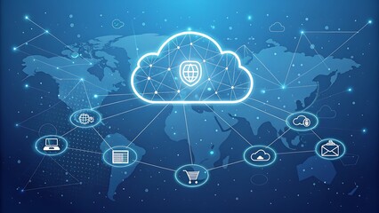 Cloud computing network with global connections, illustrating data transfer and security features for a connected world on a blue background