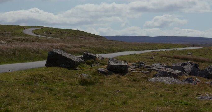 wide shot looking east down Kaber fell, and Bowes moor with the Regional RTE 71 road. At the pennines