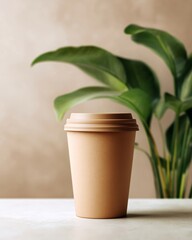 Fototapeta premium Brown disposable coffee cup with lid placed on light table, indoor shot with green plant in background.