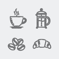 Coffee shop icons set featuring french press cup beans croissant line art vector