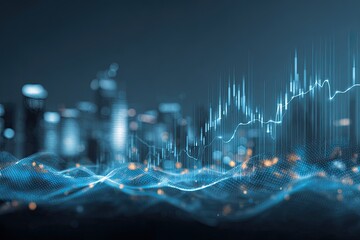 Conceptual depiction of stock market data overlaid on a city skyline at night
