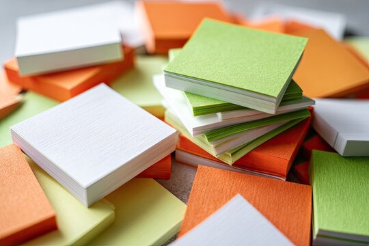 A close-up shot of a collection of colorful square sticky notes stacked and scattered