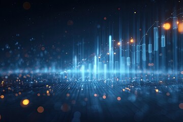 Digital visualization of financial growth with rising bar graphs and glowing data points