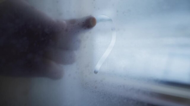 Close up on glass window as hand draws heart shape with finger on cold day. Condensation fog on apartment window house in winter season day. Man marks heart in romantic gesture in freezing weather