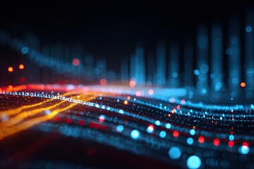 Abstract digital data stream with blurred bokeh lights and glowing binary code