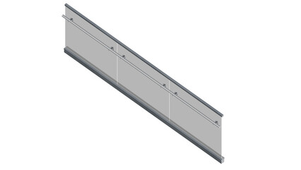 A 3D render of a sleek, minimalist glass railing with stainless steel supports. The elegant, modern design is a key architectural component.