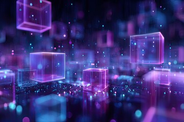 Abstract digital artwork with floating, transparent, glowing cubes amidst a circuit board design