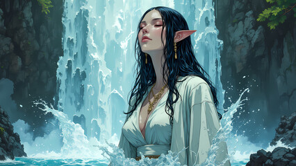 Enchanted Waterfall with Elf Girl &mdash; Peaceful Fantasy Landscape