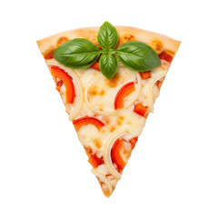 Delicious Pizza Slice: a slice of pizza with melted cheese, bell peppers, onions, and basil on top, offering a tantalizing visual of a culinary delight.