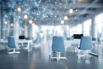 Modern office interior with blue chairs, desks, and digital abstract overlay, bright and airy